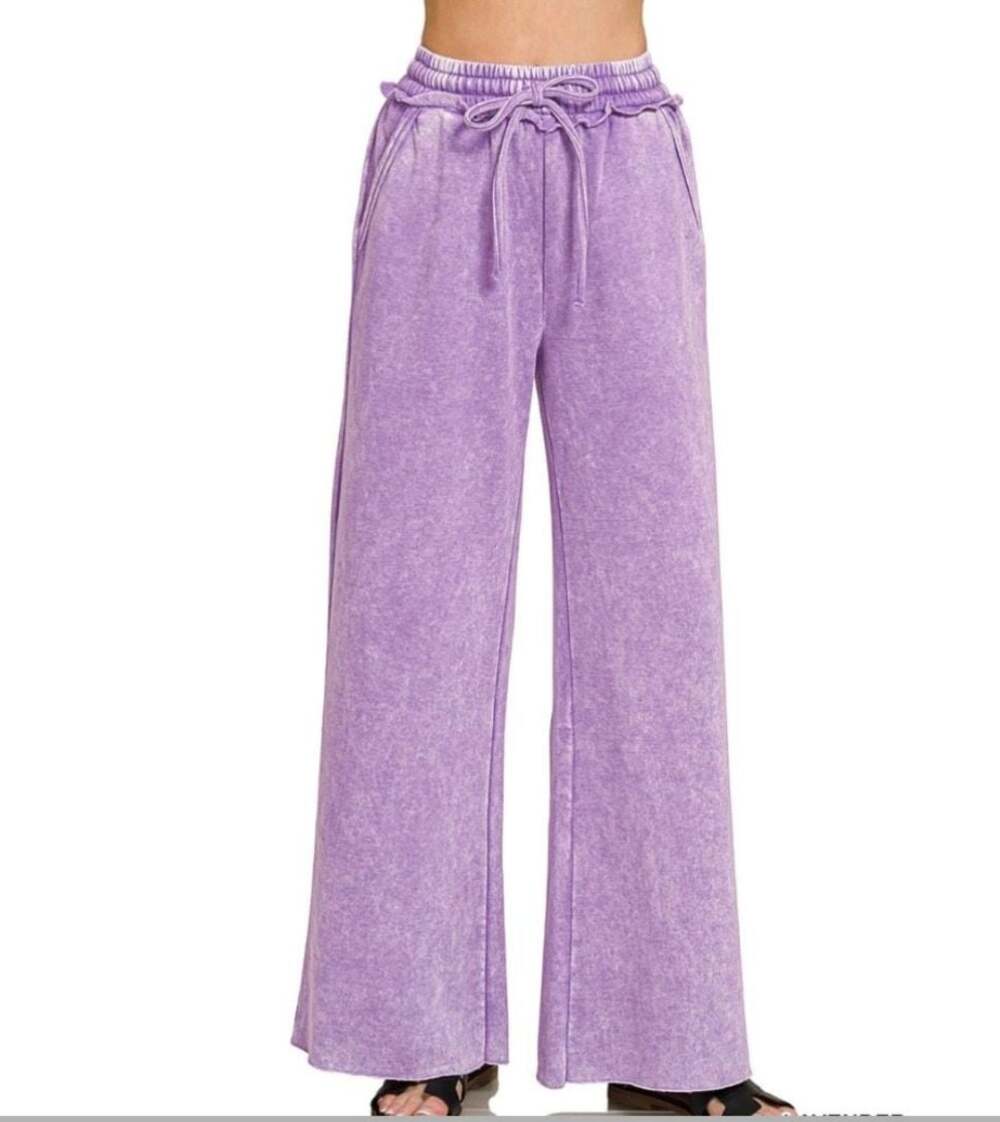 Zenana Acid Wash Fleece Palazzo Sweatpants Purple